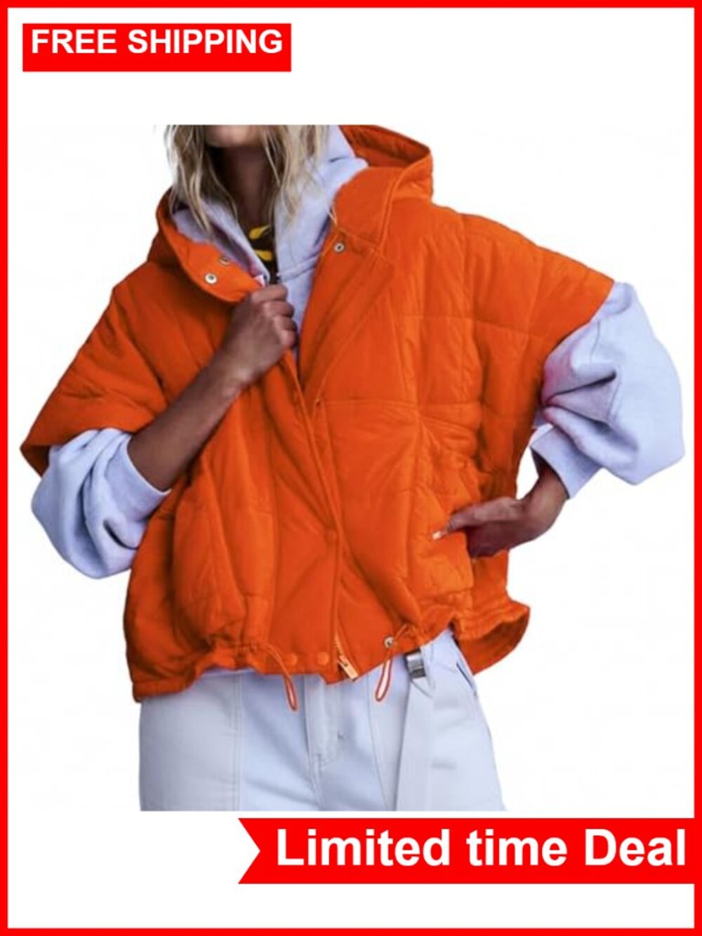Women's Quilted Puffer Vest Zip Up Hoodie Oversized Casual Outdoor Gilet